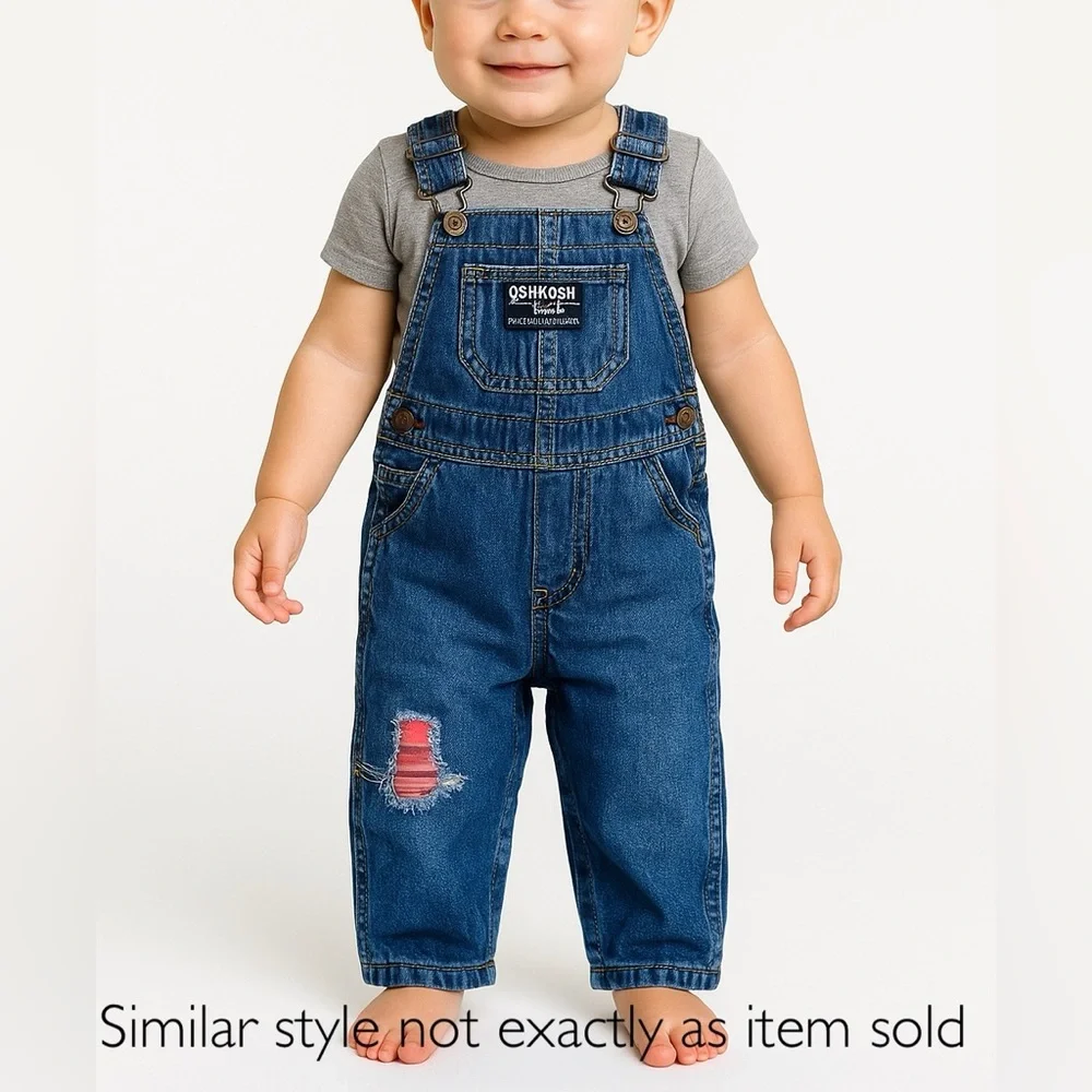 Oshkosh B’gosh Vestbak denim flannel red overalls, size 12 months